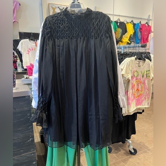 Rebecca TAYLOR NWT black smocked baby doll silk dress w/sheer sleeves size small - Picture 5 of 11